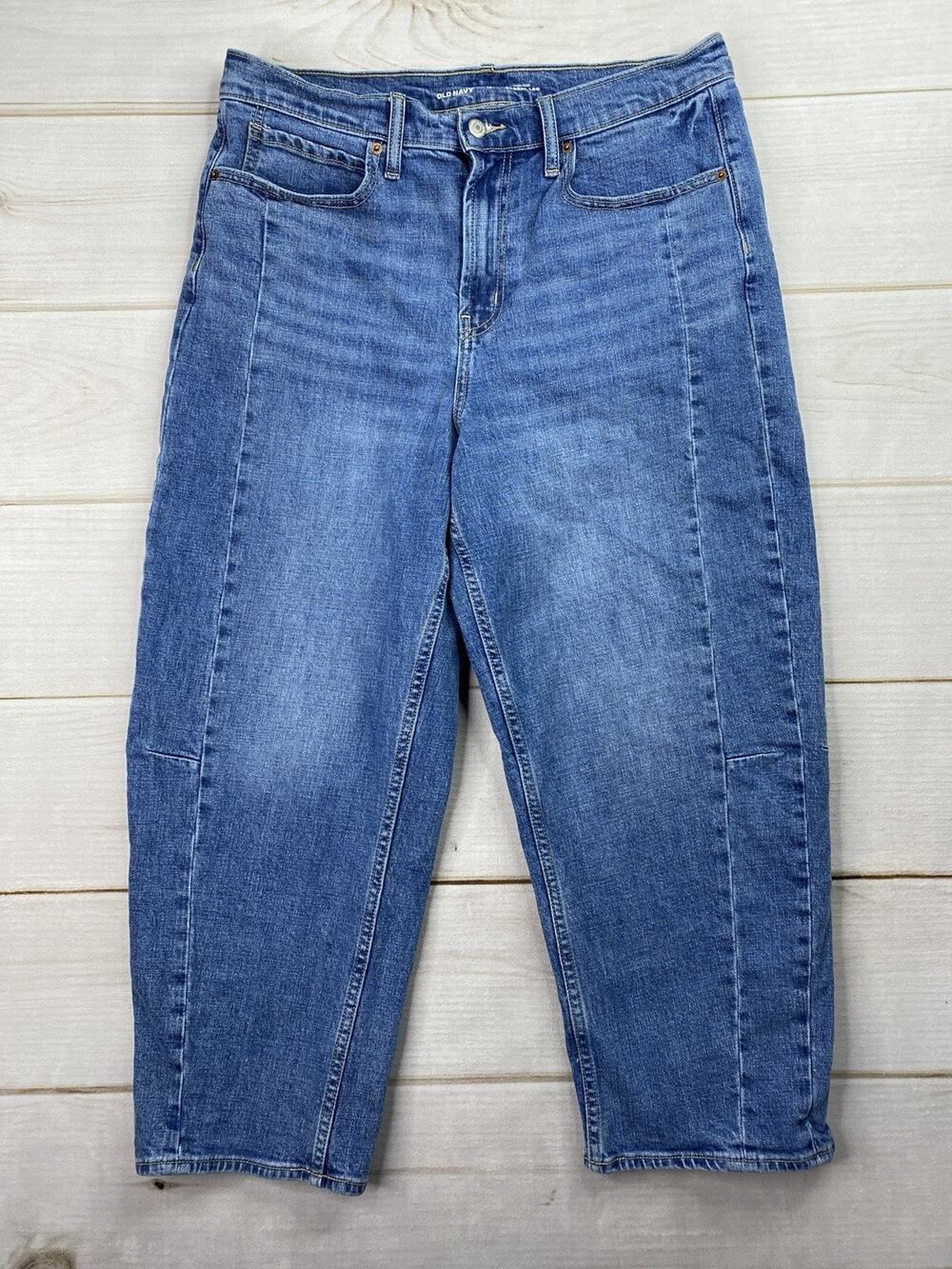 Old Navy High Rise Barrel Leg Jeans Sz 12 Womens Distressed Stretch Denim Taper